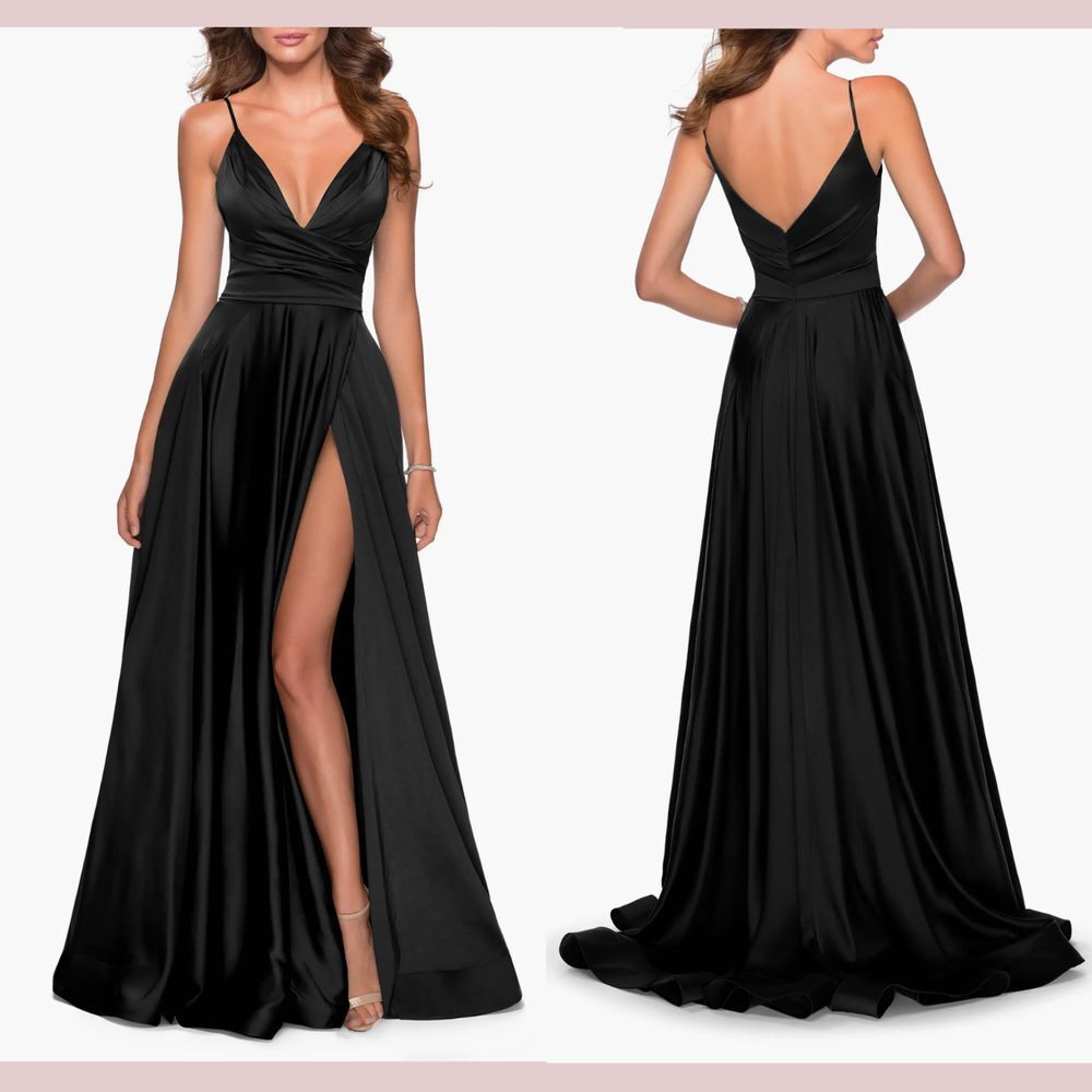 NEW $408 La Femme [ 00 ]‎ V Neck Strappy Back Satin Ballgown in Black